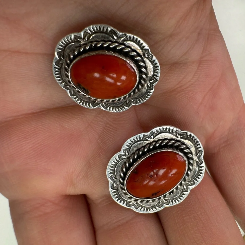 Navajo J. Slifka 925 Sterling silver and coral clip on earrings 11.7g